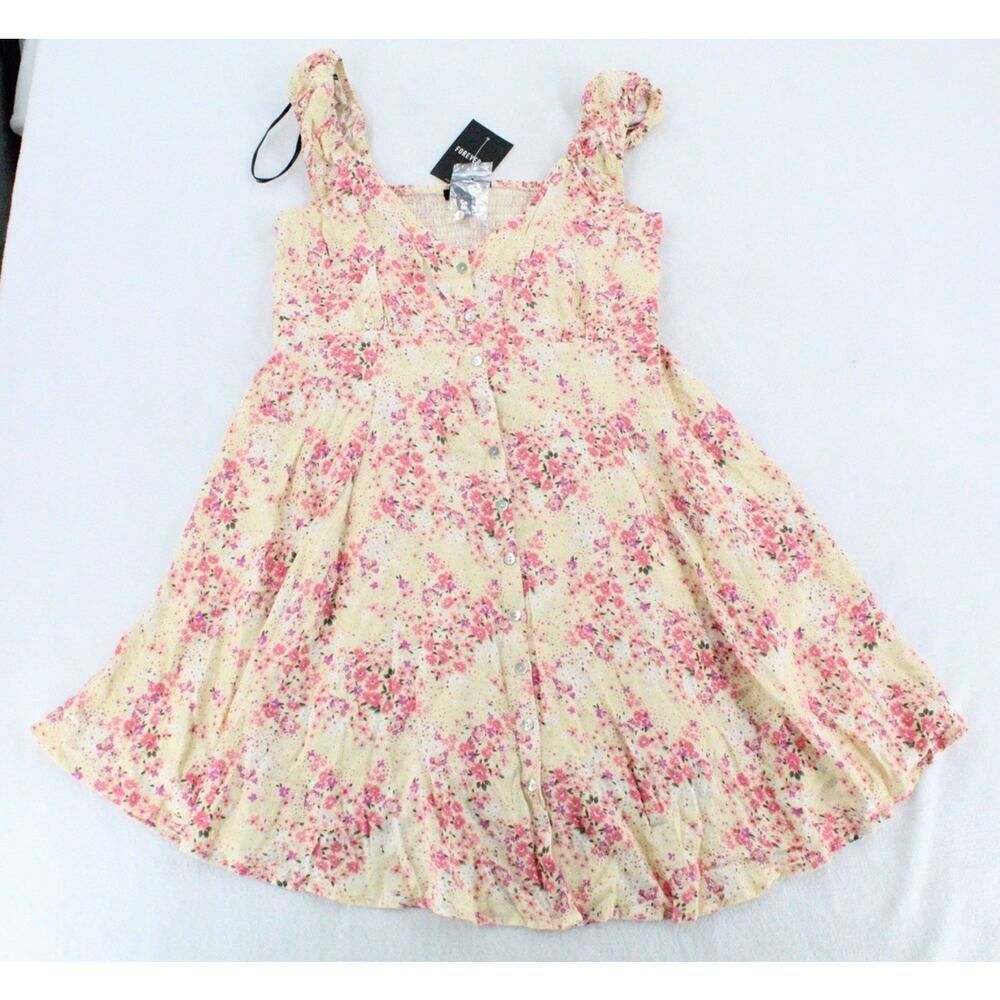 Forever 21 Dress Women’s Size M Yellow Floral Ruffle Babydoll Short Summer Flirt